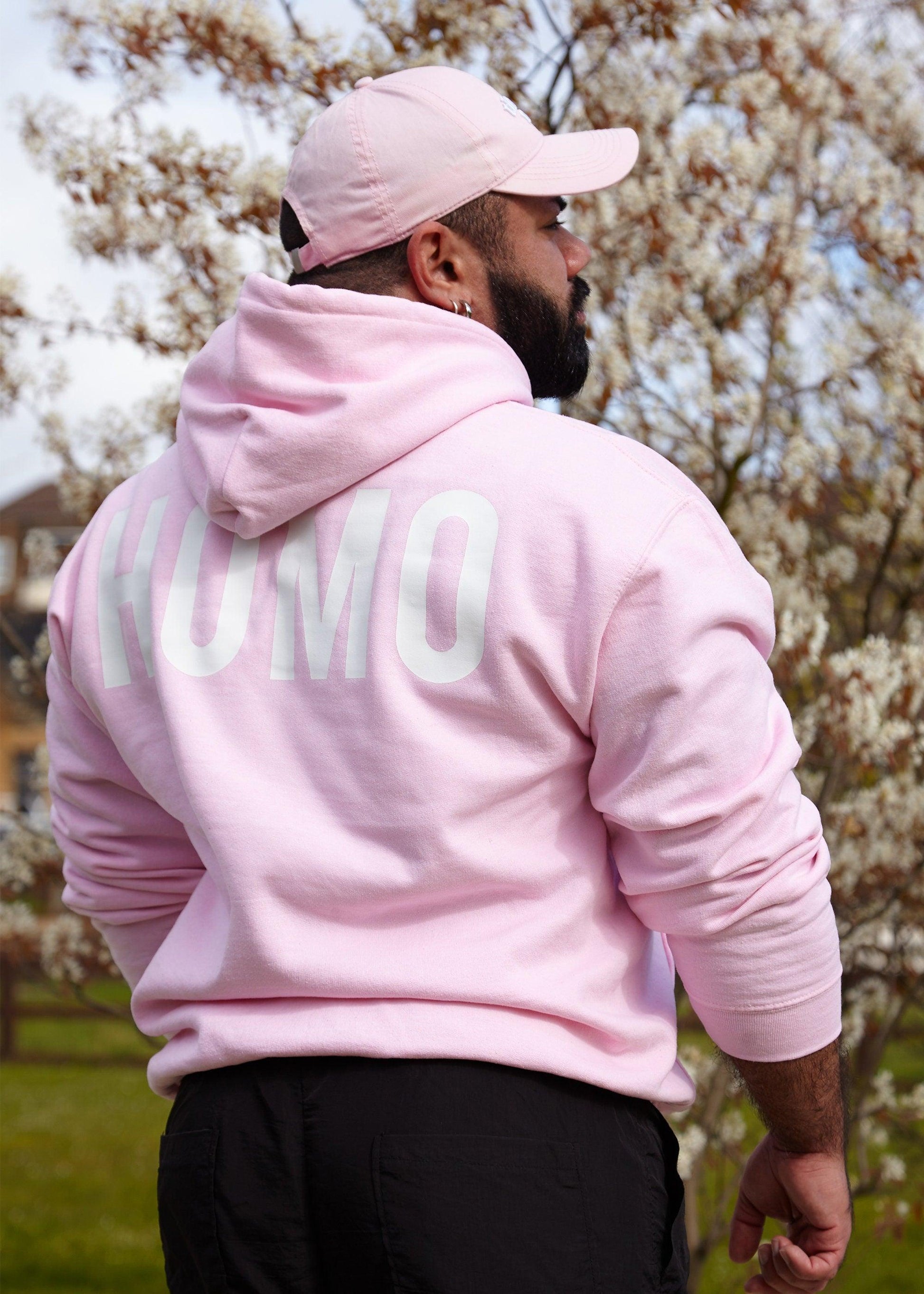 HOMO logo, white on pink - pullover hoodie - HOMOLONDON