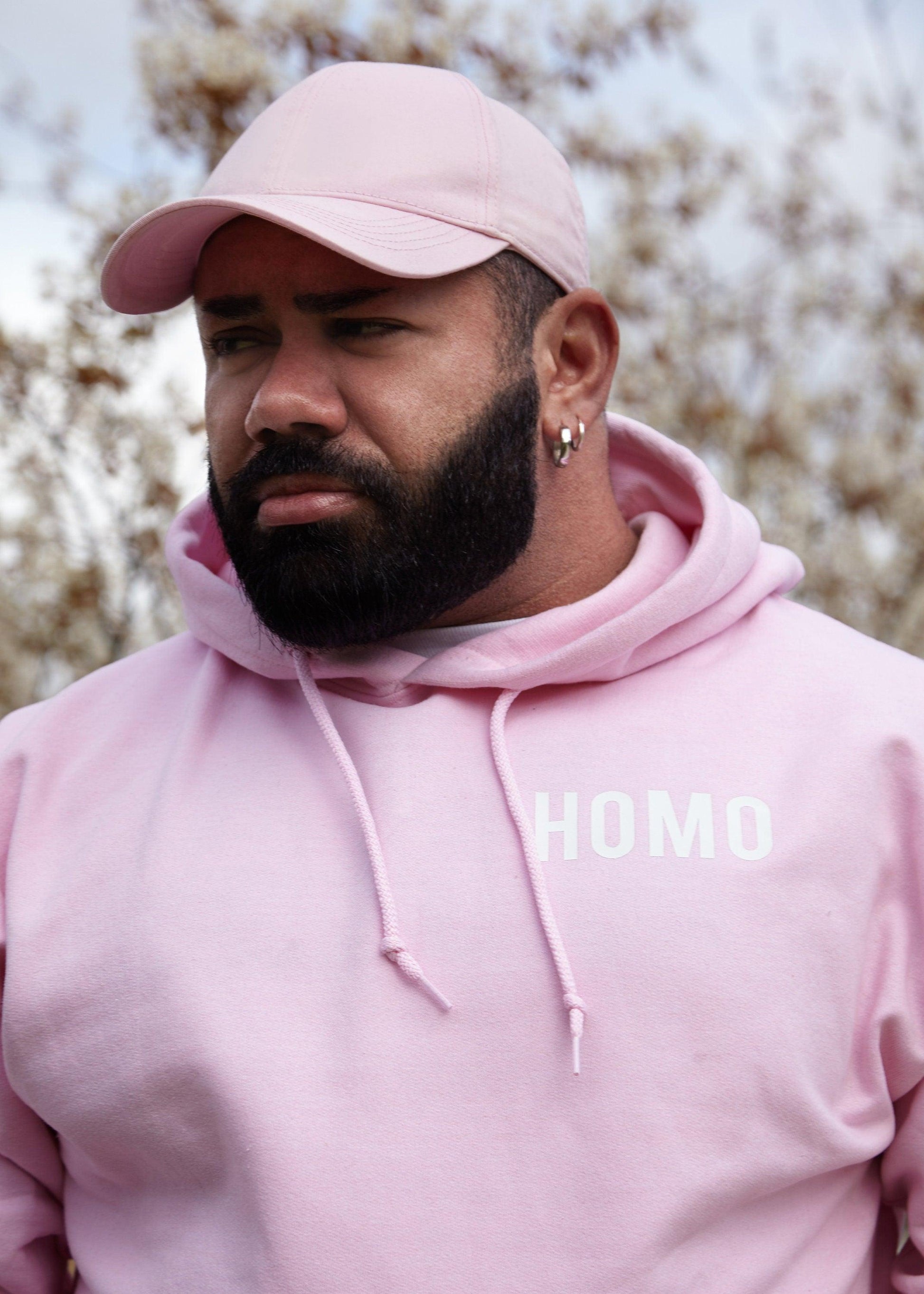 HOMO logo, white on pink - pullover hoodie - HOMOLONDON