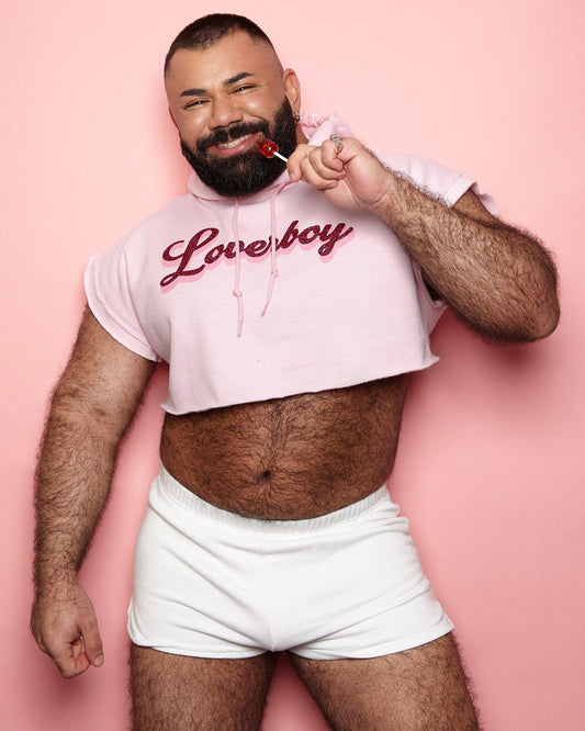 Loverboy, glitter pink/pink on pink - mens hoodie crop top.