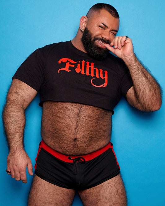 Filthy, red on black - mens crop top. - HOMOLONDON