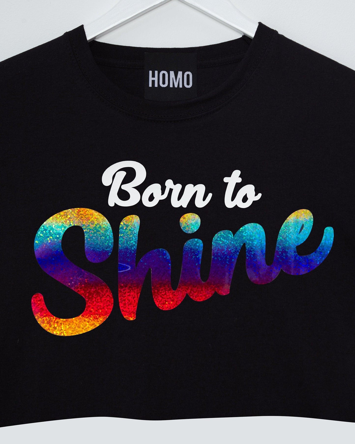 Born to shine, rainbow glitter on black - Sleeveless crop-top.