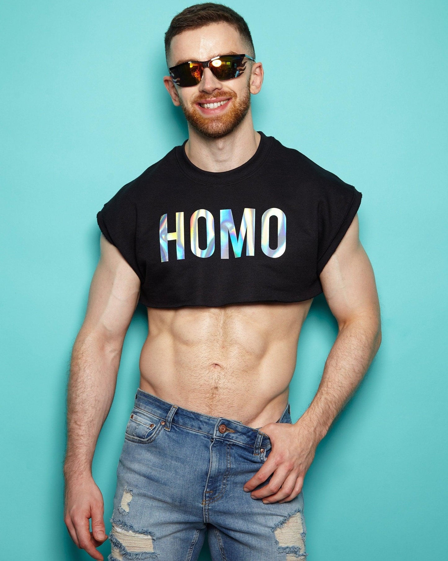HOMO Retro Cut, mens sweatshirt crop top - Hologram on Black