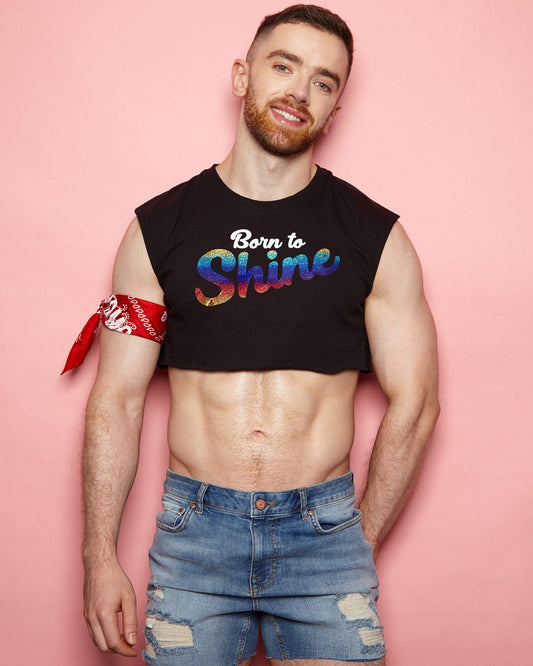 Born to shine, rainbow glitter on black - Sleeveless crop-top.