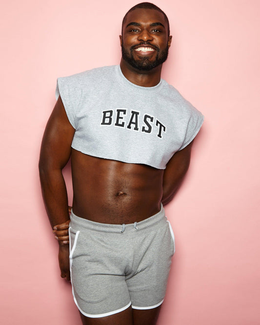 BEAST Retro Cut, Sweatshirt Crop Top - White/Black on Grey Marl