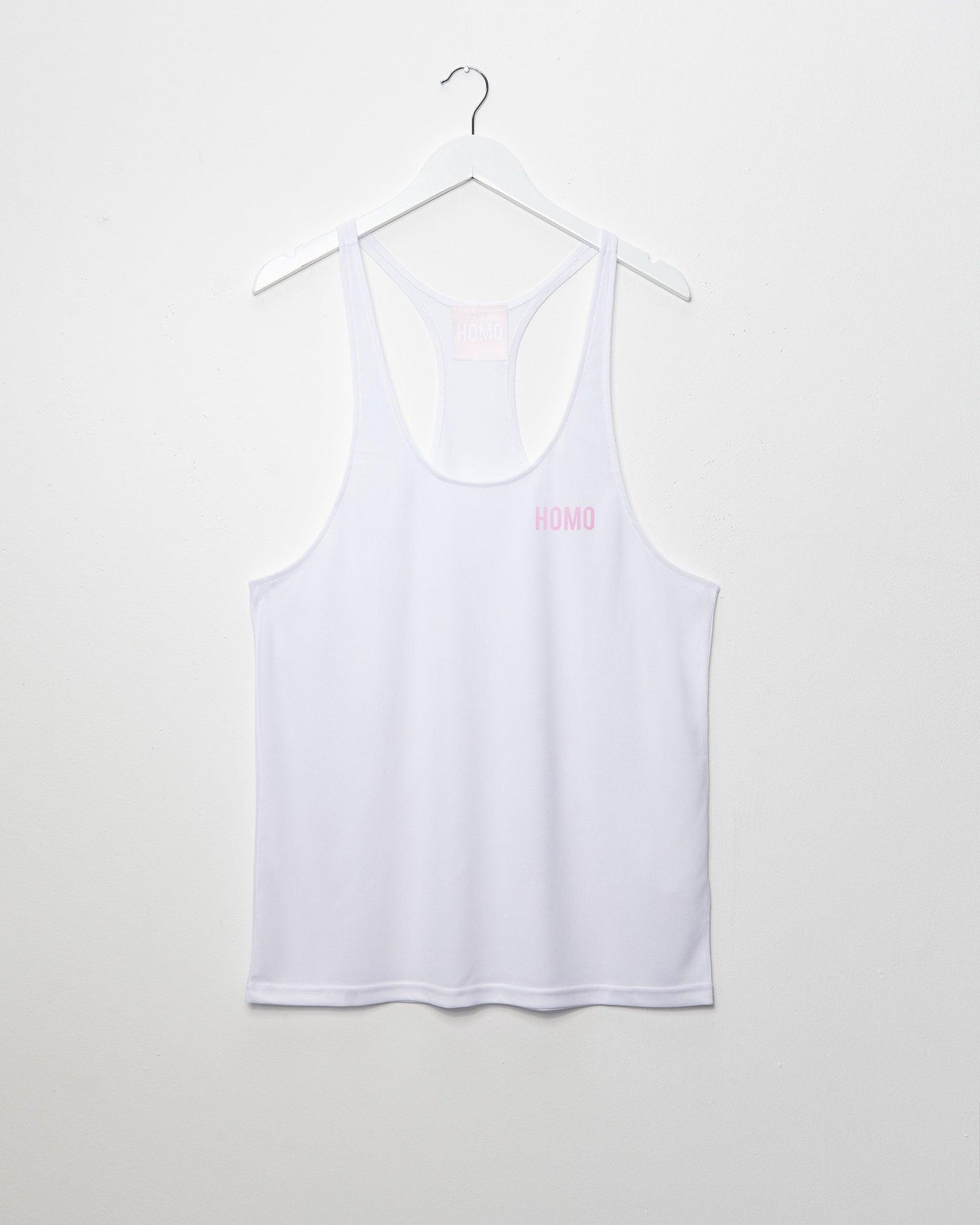 Simple HOMO logo, white and pink - razor back tank