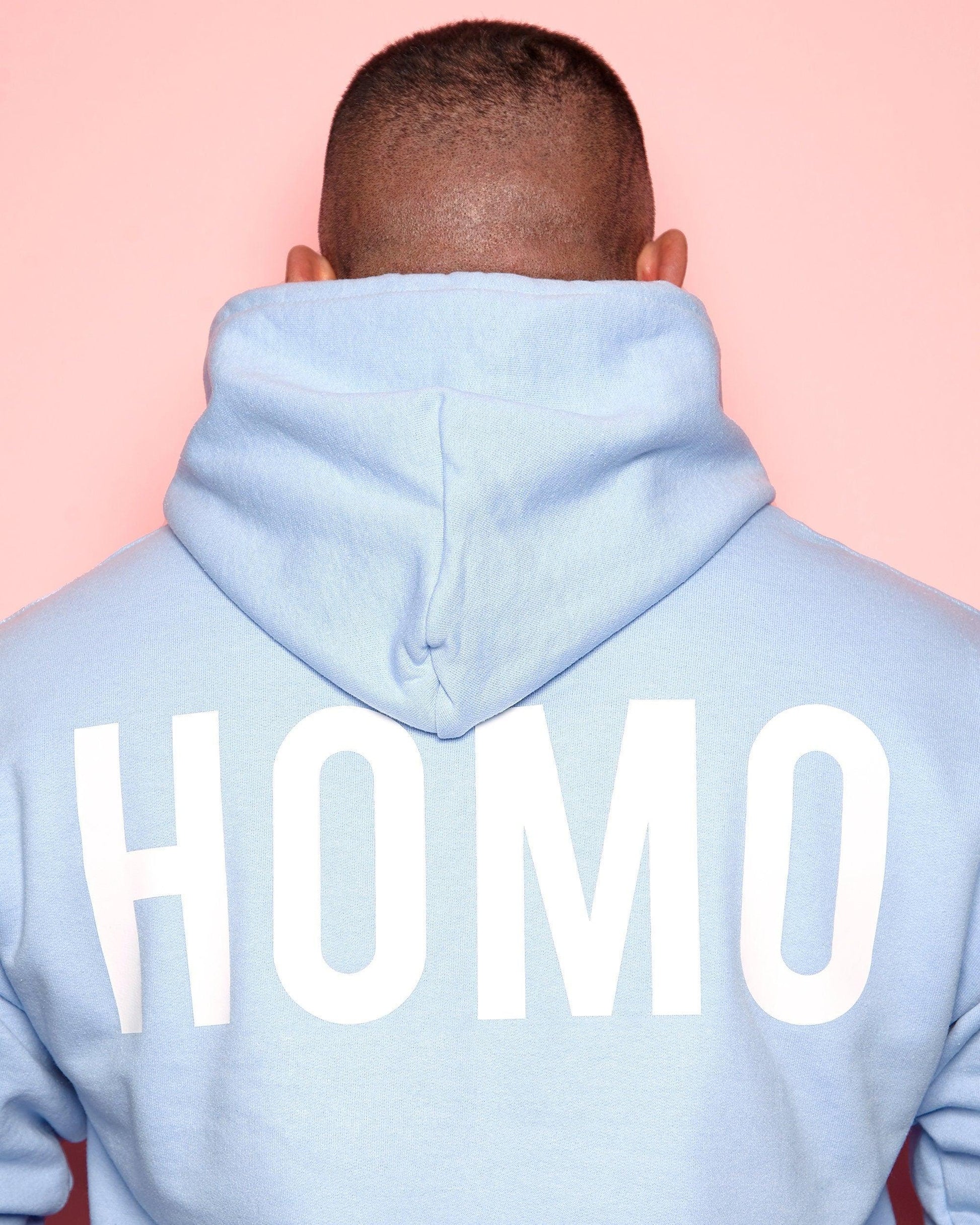 HOMO hoodie - White on Light Blue. - HOMOLONDON