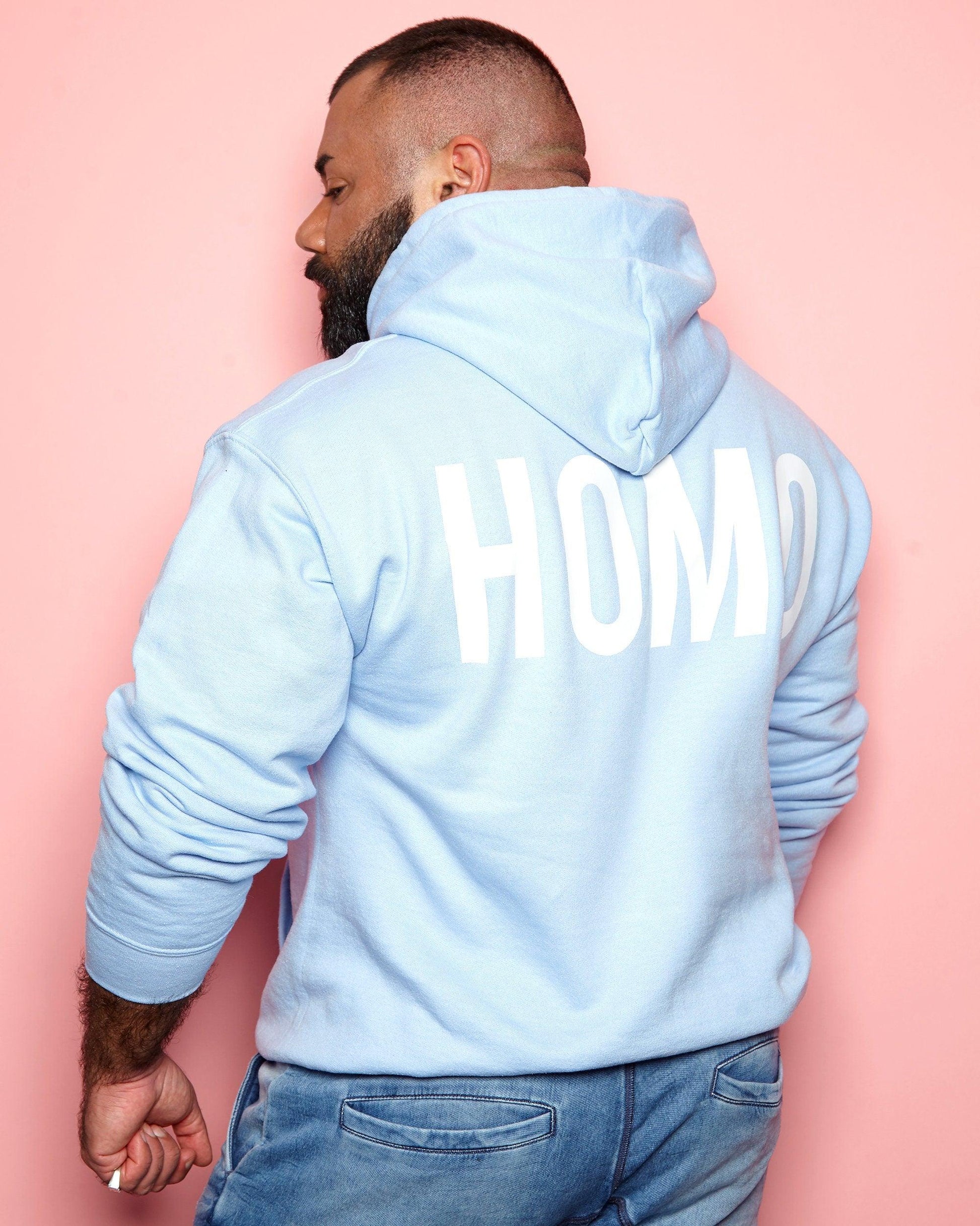 HOMO hoodie - White on Light Blue. - HOMOLONDON