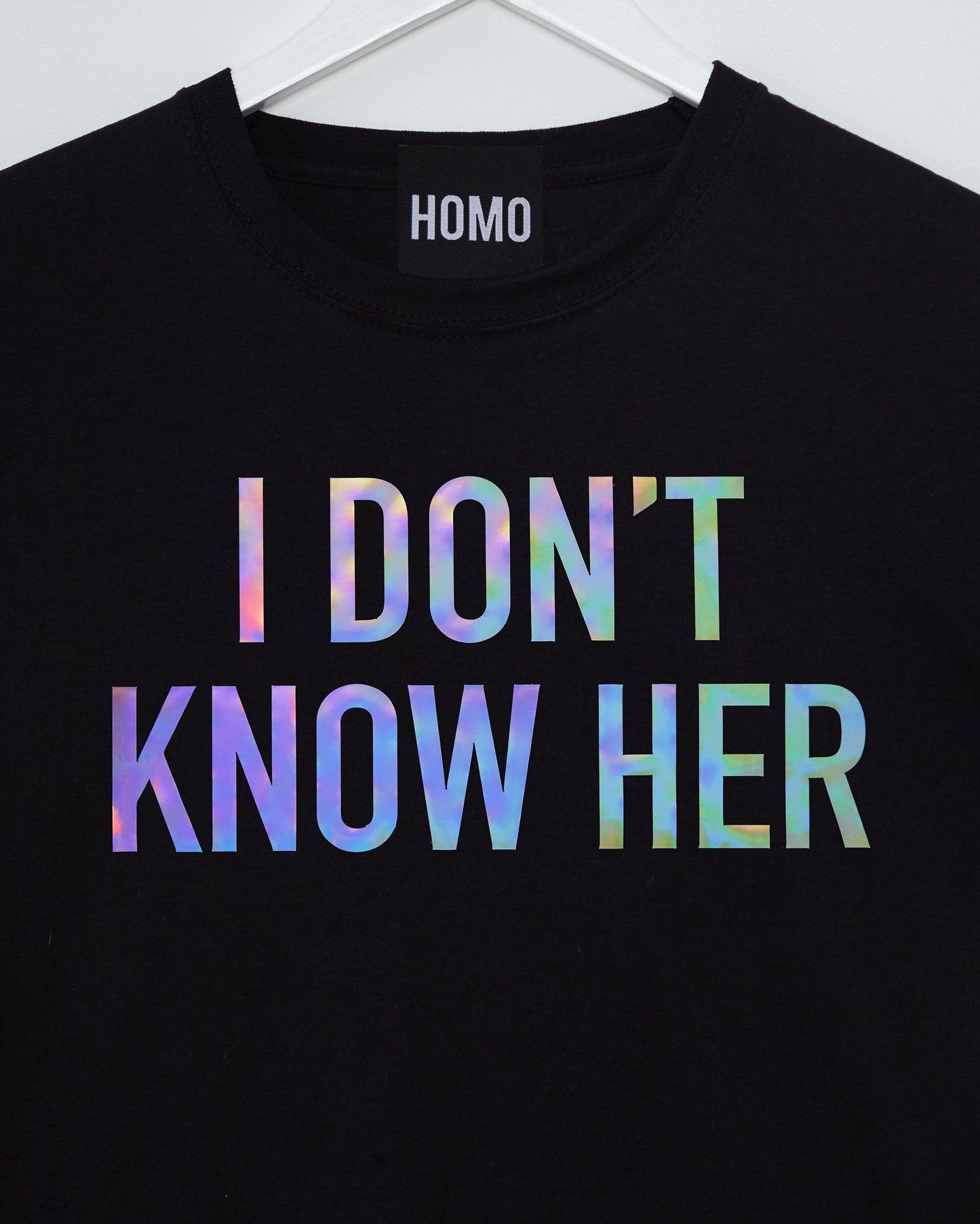 Spark Conversations: I Don't Know Her Tee - Hologram on Black - HOMOLONDON