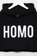 HOMO mens hoodie crop top - White on Black. - HOMOLONDON