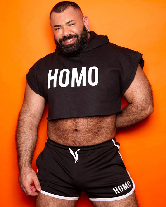 HOMO mens hoodie crop top - White on Black. - HOMOLONDON