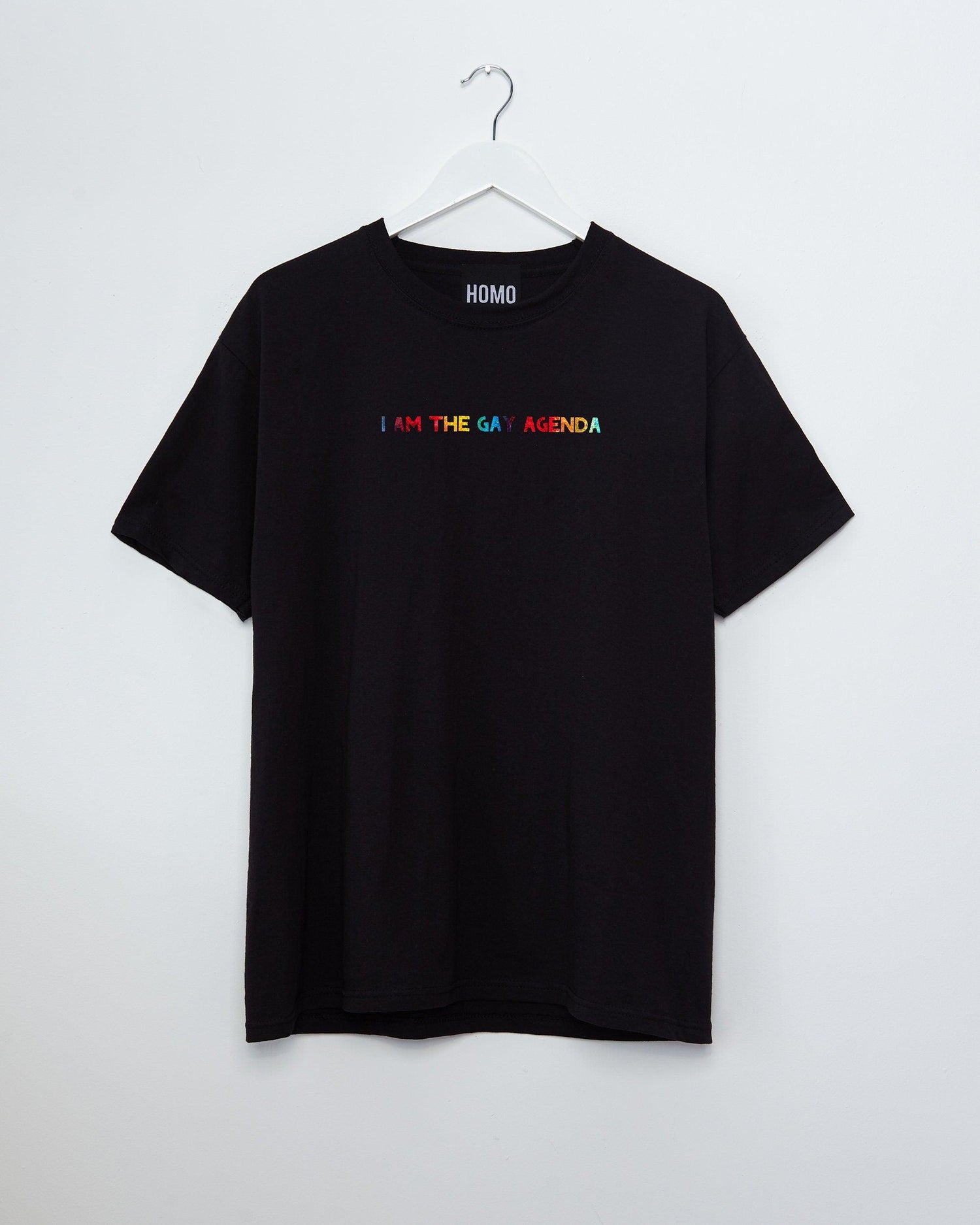 Sparkle in Pride with the "I Am The Gay Agenda Tee - Sparkly Rainbow on Black" - HOMOLONDON