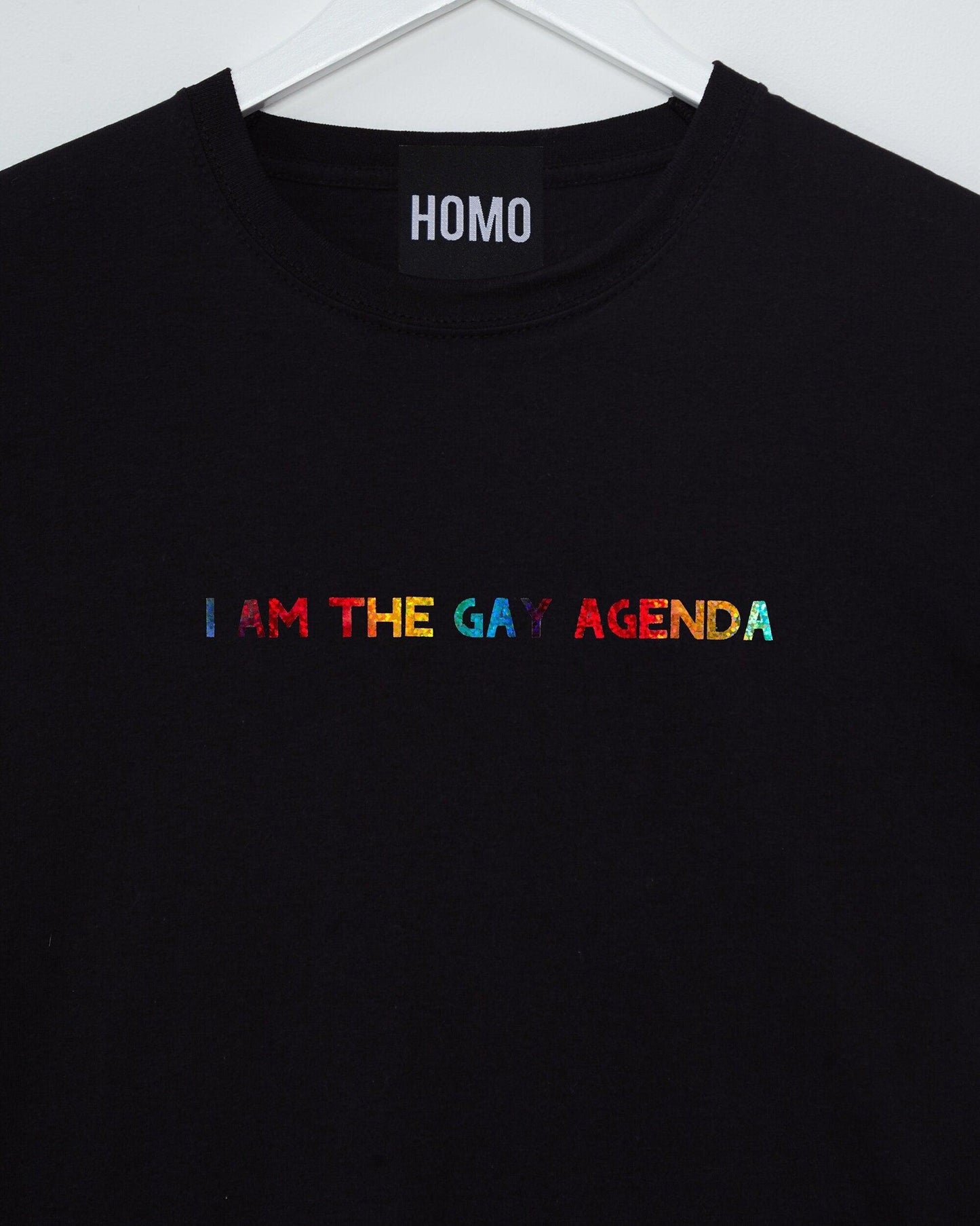 Sparkle in Pride with the "I Am The Gay Agenda Tee - Sparkly Rainbow on Black" - HOMOLONDON