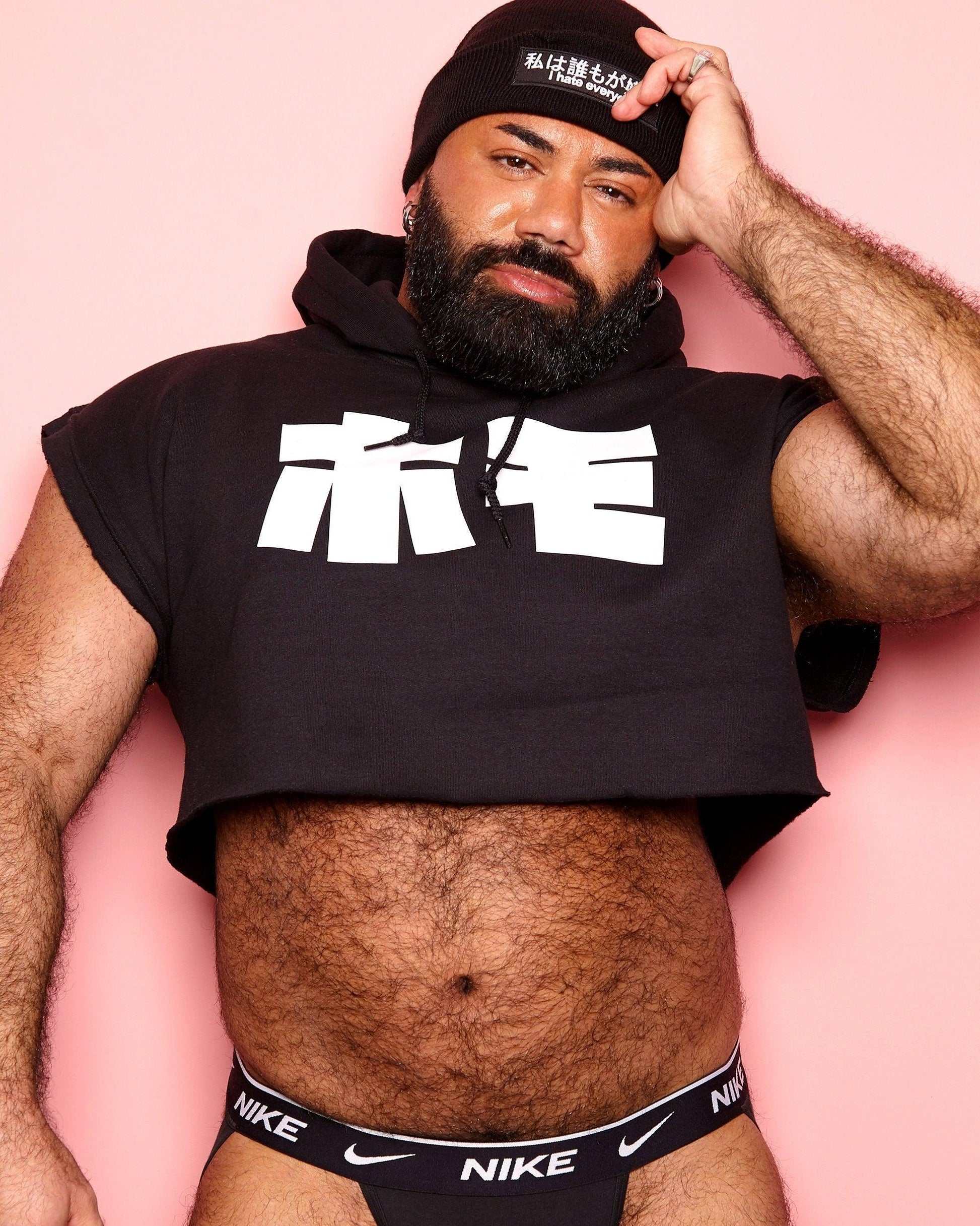 HOMO in Japanese, mens hoodie crop top - White on Black. - HOMOLONDON