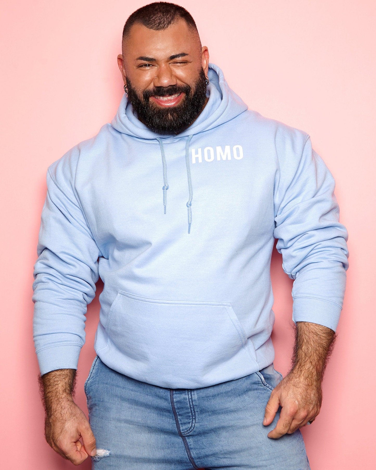 HOMO hoodie - White on Light Blue. - HOMOLONDON