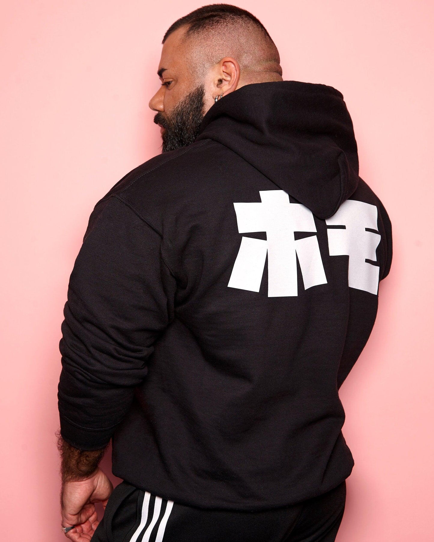 Embrace Minimalistic Sophistication: HOMO In Japanese, White on Black Pullover Hoodie - HOMOLONDON